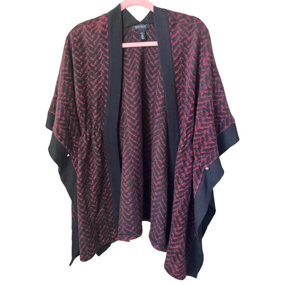 WHBM Wool blend red black zig zag open front poncho style sweater XS/S